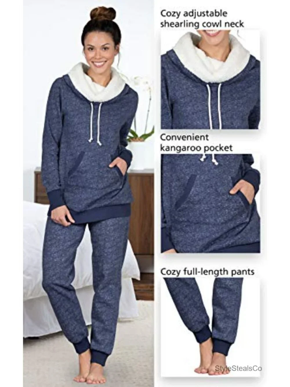 Women's Sherpa Fleece Cowl Neck Pajama Set - PajamaGram Lounge Set - Cotton